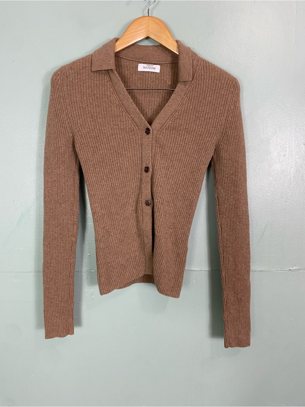 Naadam Cashmere Ribbed Collared Cardigan‎ Brown Small